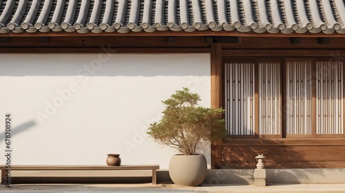 a traditional Korean house with benche, tree, pot, and sculpture. Generative AI photo