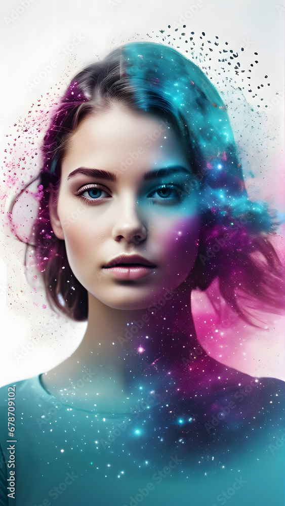 portrait of a woman with space and stars in a dual exposure illustration 