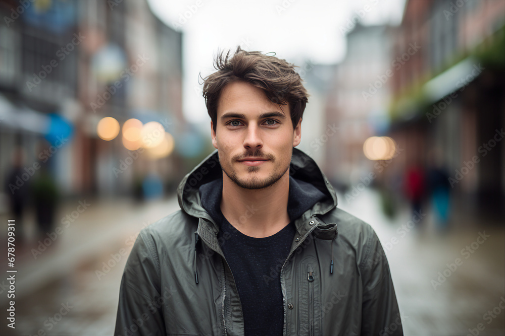 Fototapeta premium Generative ai technology portrait of attractive young man outdoors town city streets