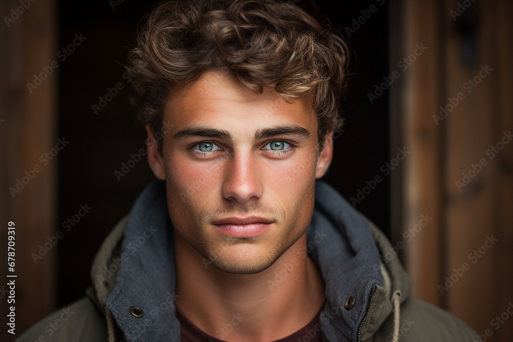 Fototapeta premium Generative ai technology portrait of attractive young man outdoors town city streets