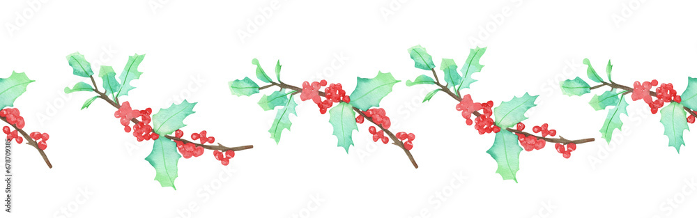 Watercolor illustration seamless border from  winter berries hand-drawn. Realistic winter floral garland on white background. For postcards, seasonal greetings, wrapping, sticker, logo, banners