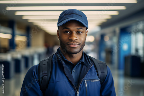 Generative AI image of handsome man postman mail carrier wear uniform standing in the warehouse