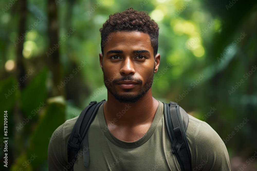 Generative AI image of handsome guy walking in green rainforest exploring nature Generative AI image of handsome guy walking in green rainforest exploring nature