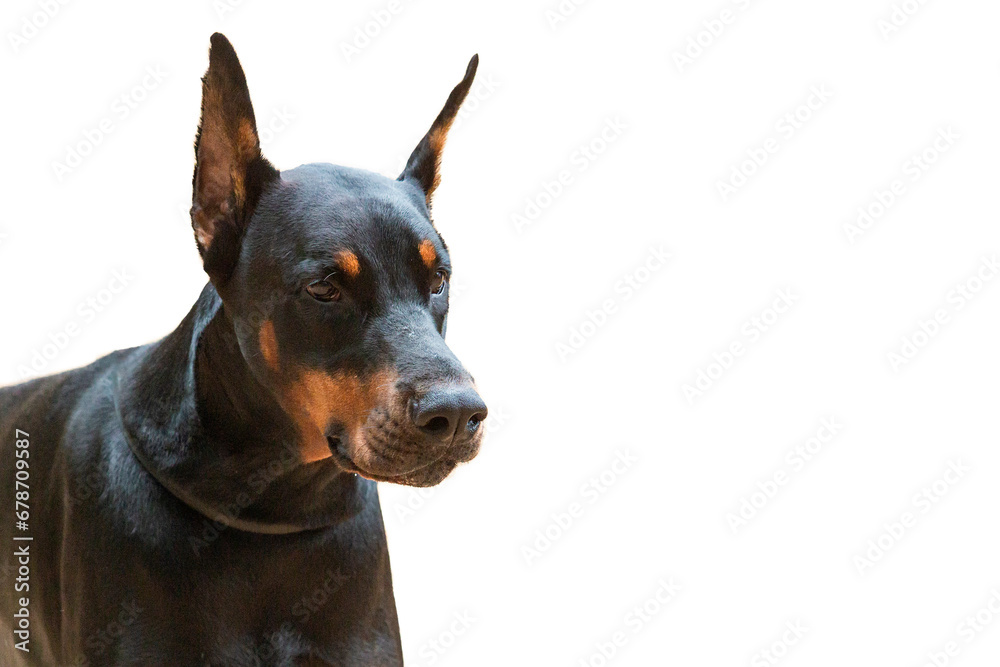 Portrait of a dog breed Doberman on a white background