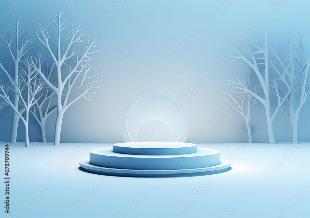 Empty round blue podium in tree winter and blue background. High quality photo Empty round blue podium in tree winter and blue background. High quality photo