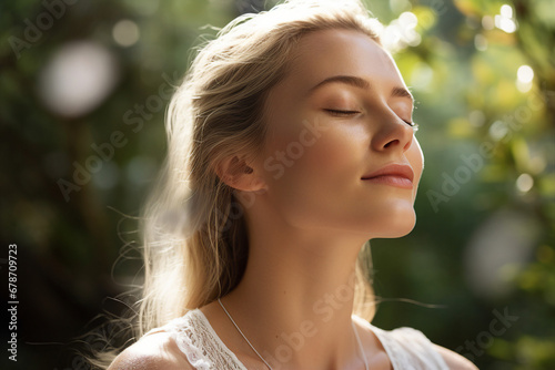 Mindfulness stress releasing concept young woman practicing meditation close with nature Generative AI portrait © Tetiana