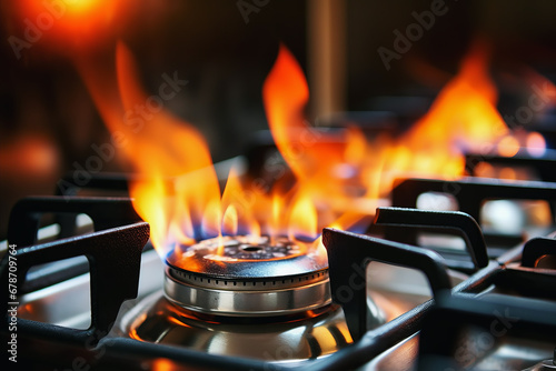 Close up of gas burning on modern kitchen in background of gas stove and blue or orange gas flame on hab.  Abstract concept of Fire and equipment.