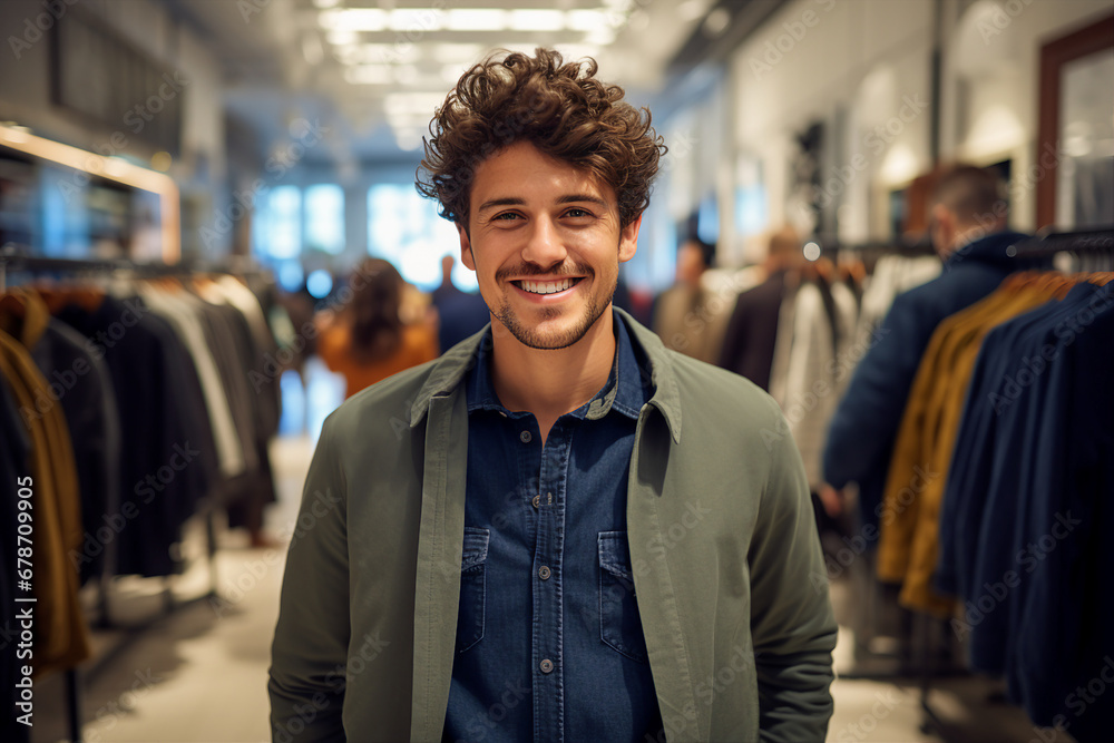 Generative AI picture Cheerful person shopaholic enjoy buying stuff clothes low prices store