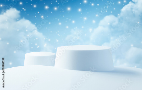 White podiums on blue sky background with snowflakes. High quality photo