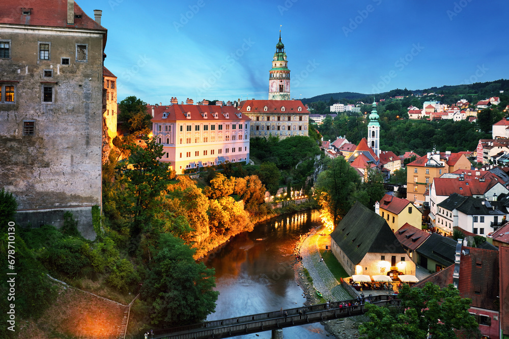 Cesky Krumlov with castle, old town and church at dramatic mist, Czech Republic