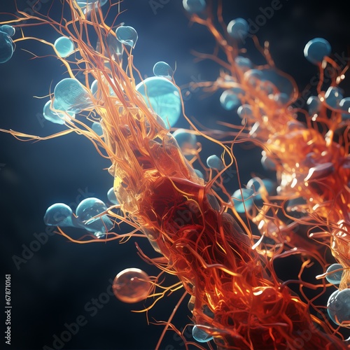 3D visualization of cellular structures and blue vesicles. Nerve cells or synapses, on a dark background. Concept: biological medical and neuroscience.