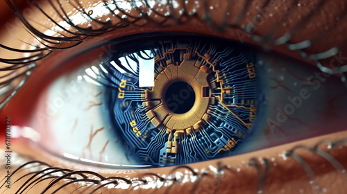 a human eye  with a reflection of a complex data visualization in the iris. The data visualization represents the future predictions made by an AI created with Generative Ai