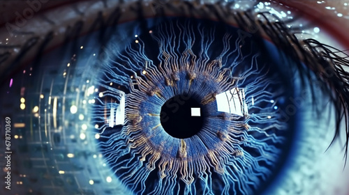 a human eye, with a reflection of a complex data visualization in the iris. The data visualization represents the future predictions made by an AI created with Generative Ai