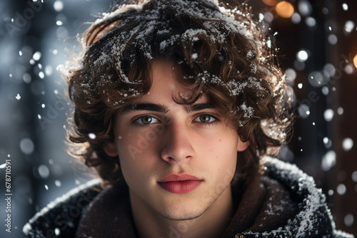 Generative AI portrait of beautiful young man having walk snowy day Christmas apmosphere lights