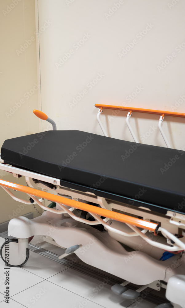 Close up view of Hospital bed or stretcher with background of corridor Close up view of Hospital bed or stretcher with background of corridor