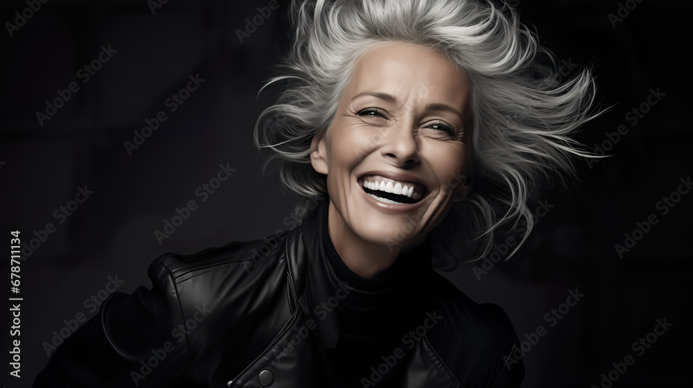 Confident elderly senior model with grey hair and makeup, mature happy smiling female lady in dark close-up portrait | Generative AI