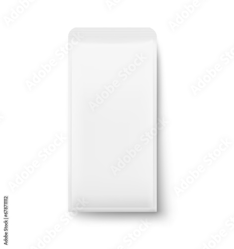 Vertical bag mockup. Flat bottom gusset bag. Front view. High realistic. Vector illustration isolated on white background. Ready for use in presentation, promo, advertising and more. EPS10.