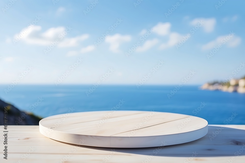 White wooden podium sea view on background