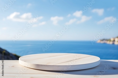 White wooden podium sea view on background