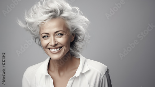 Confident elderly senior model with grey hair and makeup, mature happy smiling female lady in dark close-up portrait | Generative AI