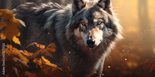wolf in the woods,Majestic Gray Wolf: A Captivating Portrait in the Enchanting Forest,AI Generative  © kin