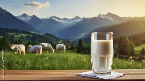 A fresh, nonhomogenized glass of milk prominently displaying a rich, creamy top layer, indicative of highquality, ecofriendly dairy farming practices. photo