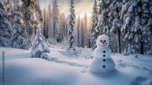 A charming snowman amidst the pristine beauty of a snowy wilderness. © Chien