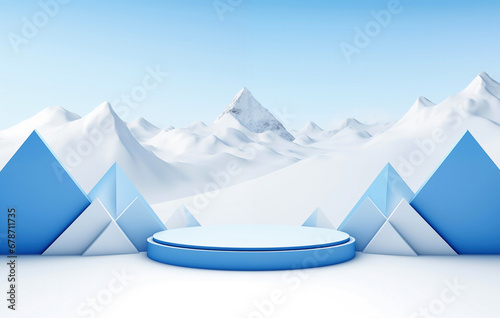 Winter mountain scene with blue podium and triangle element background. High quality photo