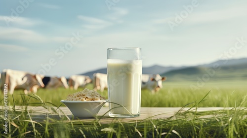 A fresh, nonhomogenized glass of milk prominently displaying a rich, creamy top layer, indicative of highquality, ecofriendly dairy farming practices. photo