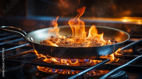 steel frying pan on a gas stove burns with food with an open flame. The process of flambéing a dish. Concept: fire hazard