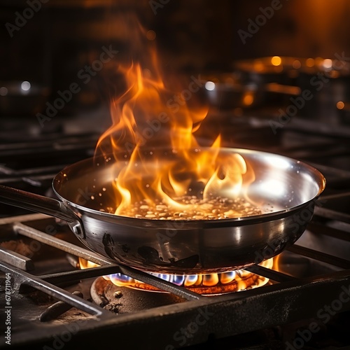 steel frying pan on a gas stove burns with food with an open flame. The process of flambéing a dish. Concept: fire hazard