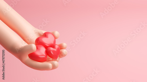 3D Hand holding heart, concept of take care and family. Embracing love sign. World heart Day. Voluntary symbol. Happy mother's day. Valentine's day. Support in family relationships. 3d rendering