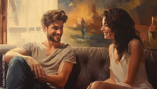 Ancient oil painting young cute guy and girl talki  photo