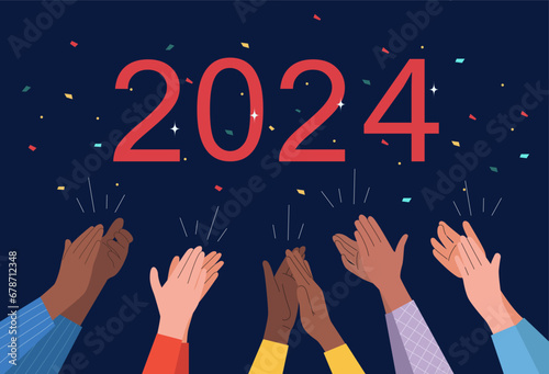 Male and female clapping hands thanking or showing appreciation at event. 2024 concept. Flat style cartoon vector illustration.