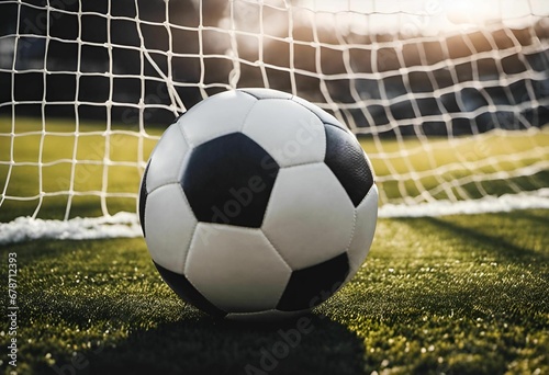 a soccer ball sitting in the grass in front of a net © Wirestock