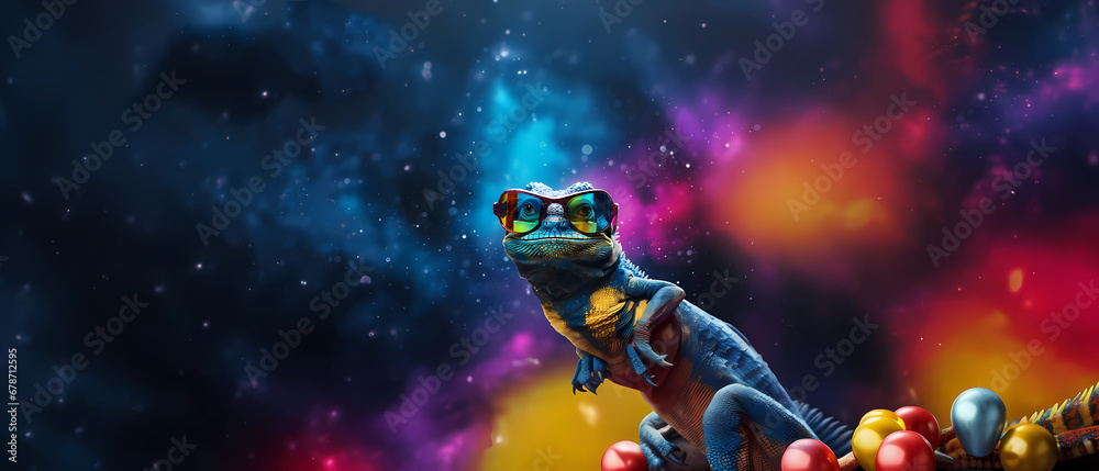 A picture of a lizard wearing rainbow sunglasses.
A picture of a lizard wearing rainbow sunglasses.