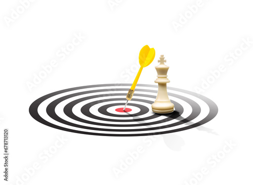 Yellow dart hit on the center of the target with white chess king stand on the target floor, strategy is the best oppotunity concept photo
