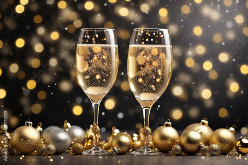 Champagne Glass Adorned with Christmas Baubles, Starry Holiday Background, Glitter, and Twinkling Lights. Golden Christmas Celebration with Sparkling Balloons, Glitter, and Confetti.