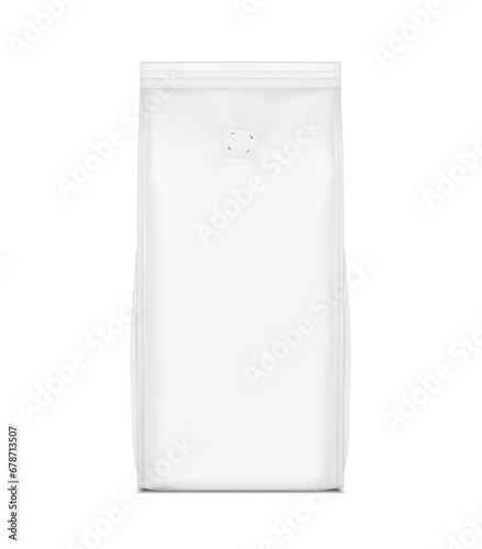 Vertical bag mockup with degassing valve. Flat bottom gusset bag. Front view. High realistic. Vector illustration isolated on white background. Ready for use in presentation, advertising. EPS10.
