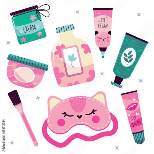 Set of cosmetic products. Makeup tools. Skincare routine cosmetic products. Makeup set with decorative beauty products. Skin, eyes, lips cosmetics and accessories for make-up.