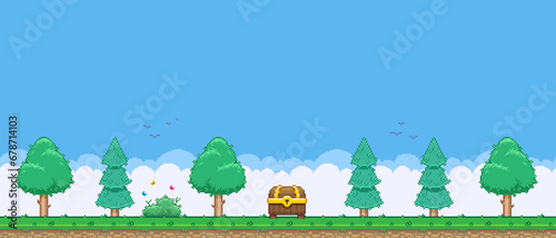 8bit colorful simple vector pixel art horizontal illustration of cartoon treasure chest in mixed forest in retro video game platformer style