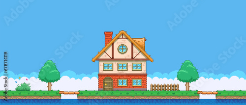 8bit colorful simple vector pixel art horizontal illustration of the cartoon house on the island between the bridges in retro video game platformer level style