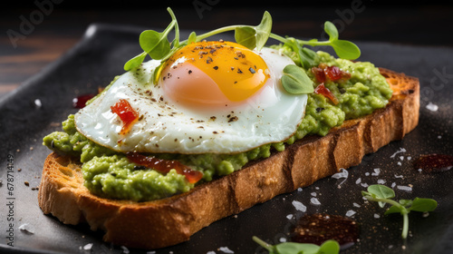 Macro Photo of Toast with Guacamole and Fried Egg for Restaurant Menu