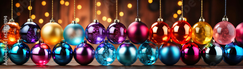 Colorful Christmas balls carefully arranged. Holiday banner. 