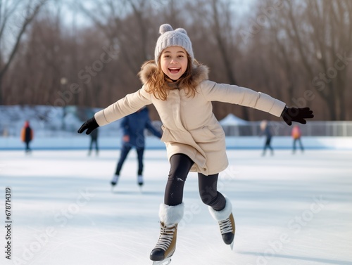 A young girl ice skating joyfully, with a big smile, wearing a warm beige coat, winter hat, and black gloves, young woman skating outdoors