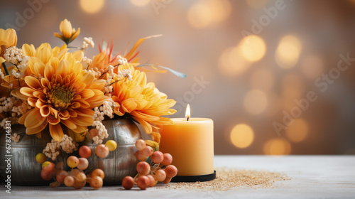 Thanksgiving themed candle centerpieces being crafted background with empty space for text  photo
