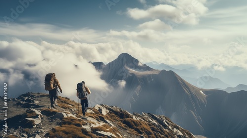 Hikers on a mountain crest overlook a dramatic landscape of peaks emerging from a fluffy cloud blanket. © DigitalArt