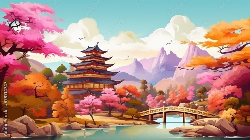 Autumn landscape with trees, mountains, fields, leaves. Asian village landscape, Generative AI