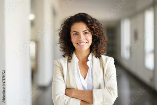 Corporate portrait of an elegant happy business woman manager standing in the office building with crossed arms. 