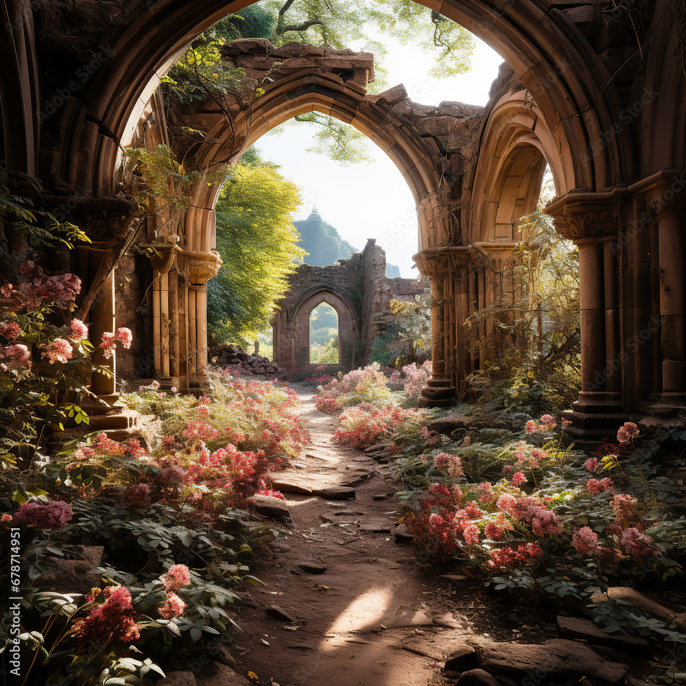 Fototapeta premium Gothic Abbey Ruins Adorned with Pink Hydrangeas